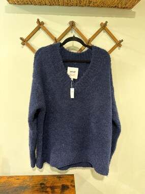 Aerie Fuzzy Navy Blue Oversized V-Neck Knit Sweater